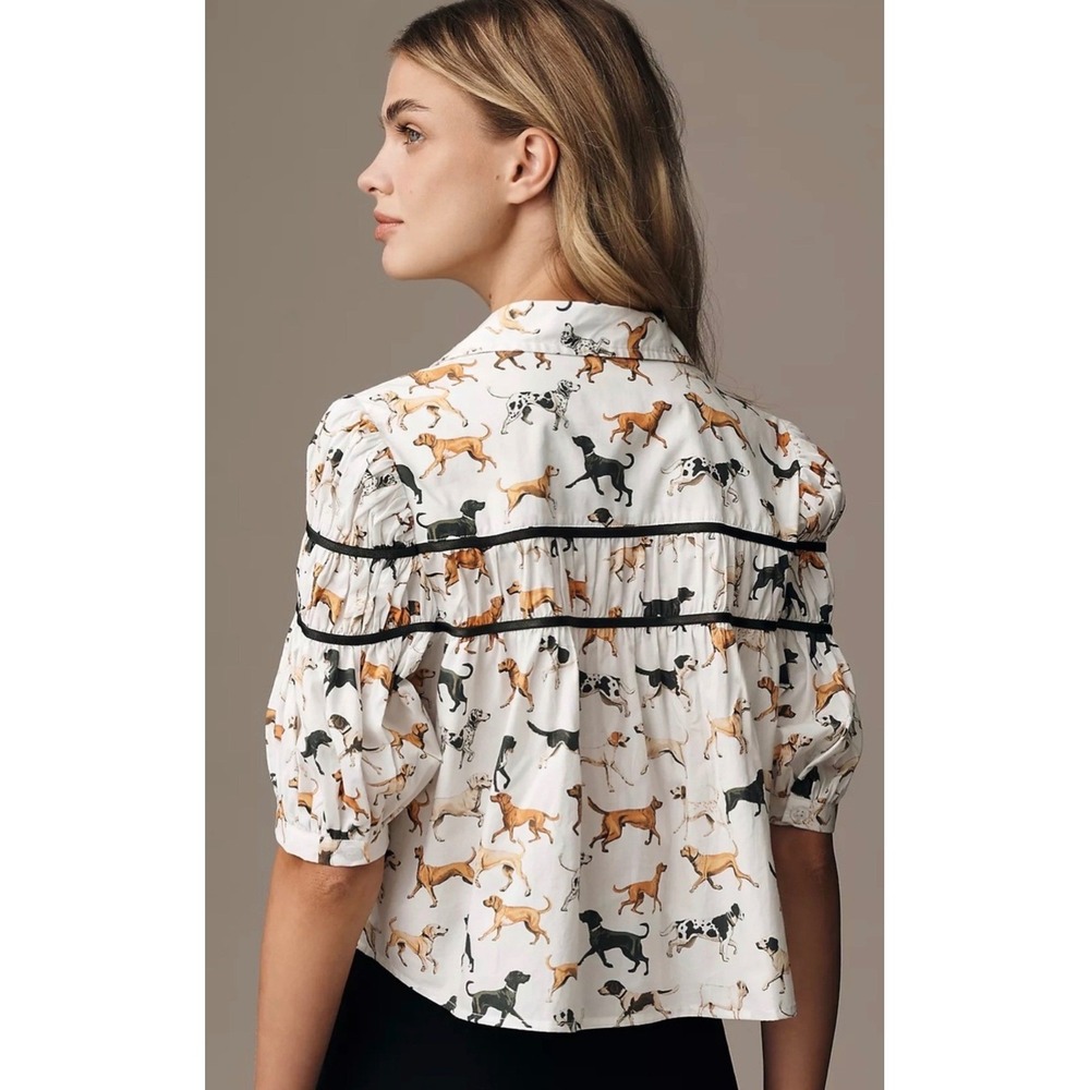 Anthropologie Maeve The Leandra Shirred Yoke Cotton Dog Print Puff Sleeve Blouse - Picture 4 of 7